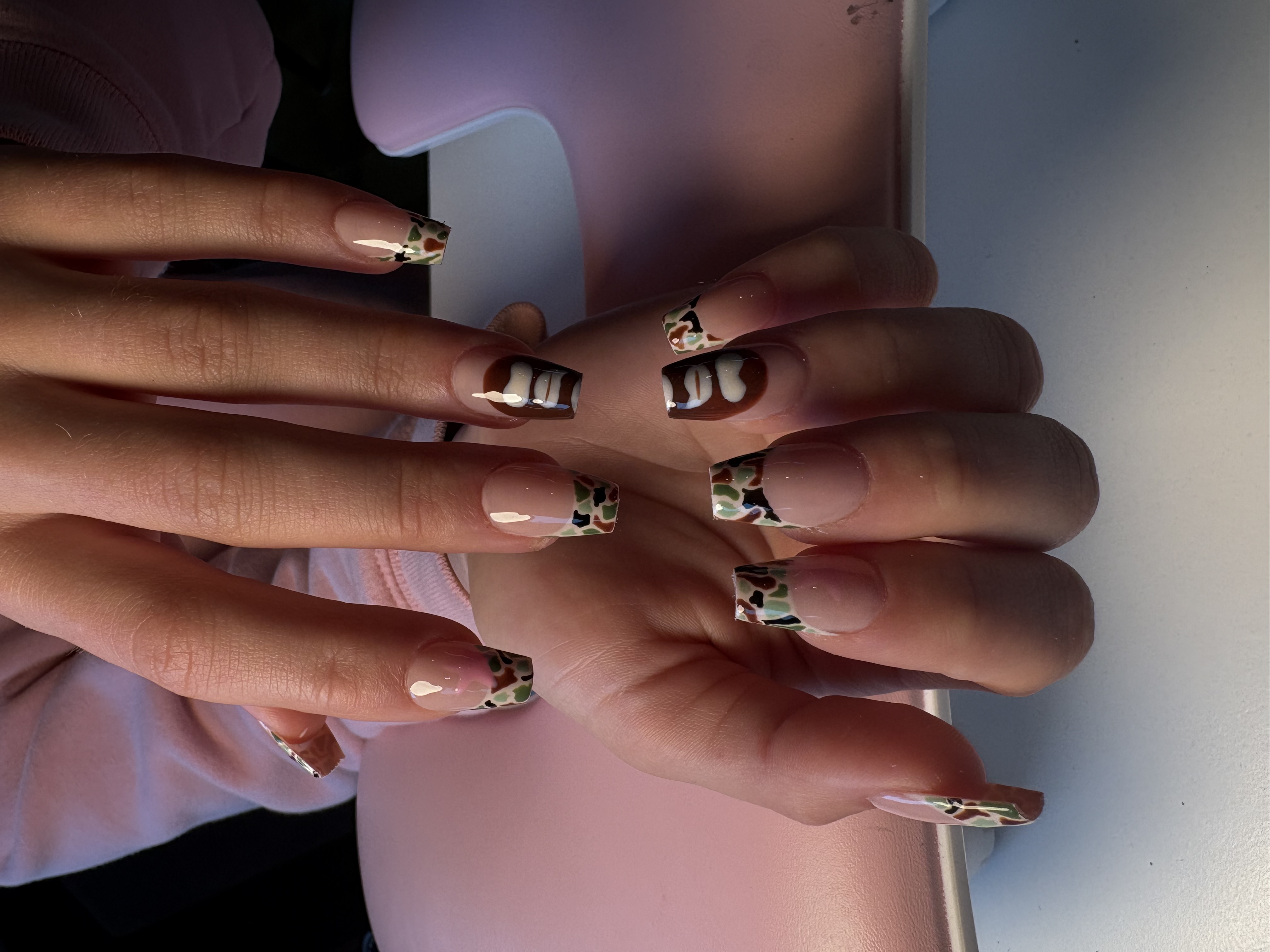 Square nude nails with hand-painted camouflage print French tips